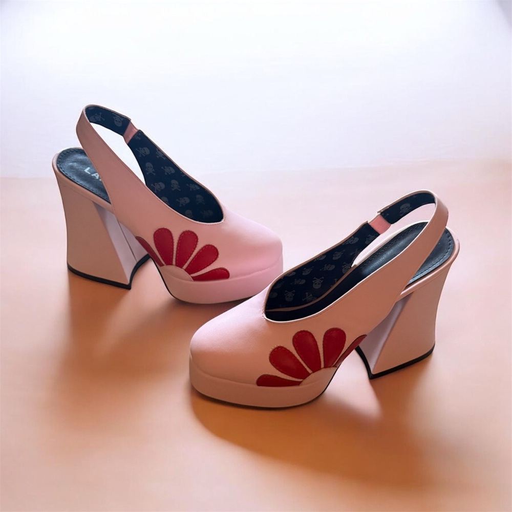 LaModa x Dolls Kill “you’re the one” platforms slingback heels pink red flower